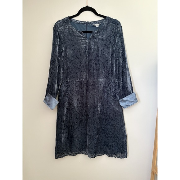 Garnet Hill Silk Blend Velvet Burnout Long Sleeved Dress Women's Sz 8 Teal Gray - Picture 1 of 11